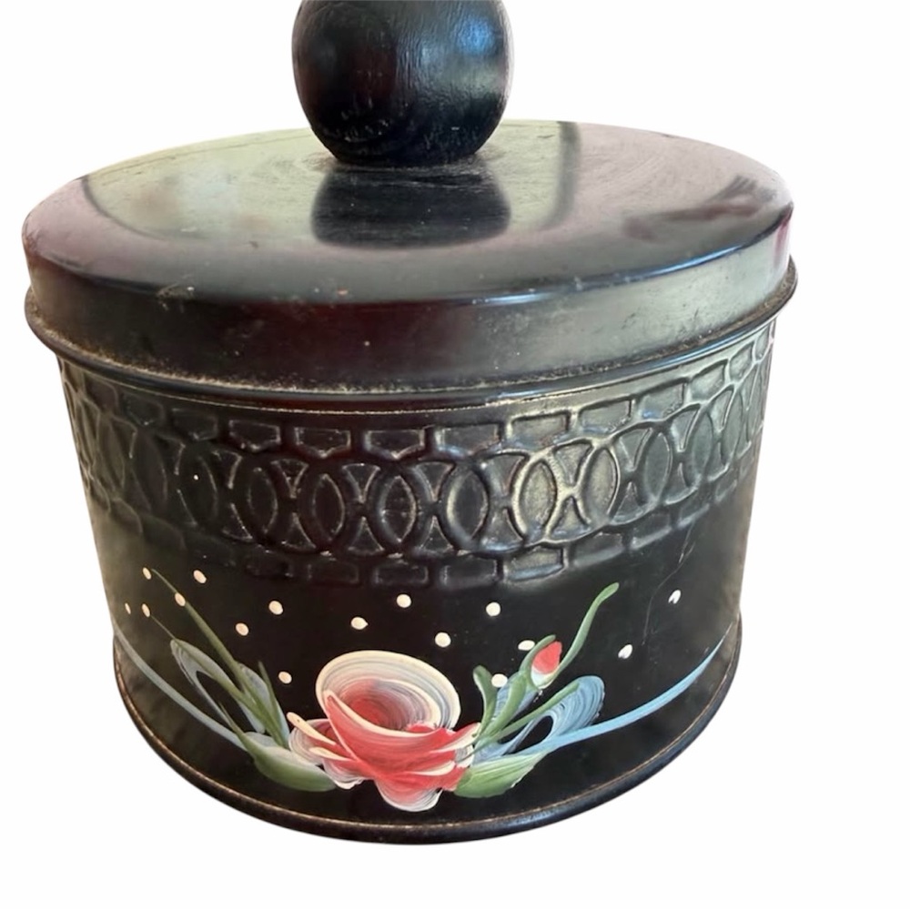 Vintage Toleware Hand-Painted Black Decorative Powder Tin Canister Floral 1940s